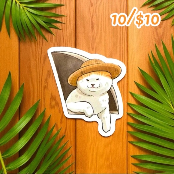 Cool White Cat in Straw Hat Sticker – Vinyl (Approx. 1.5”) - Picture 1 of 1